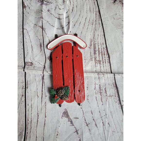Vintage Red Sled Christmas Ornament Pinecone Holly Rustic Holiday Decor - Picture 1 of 4